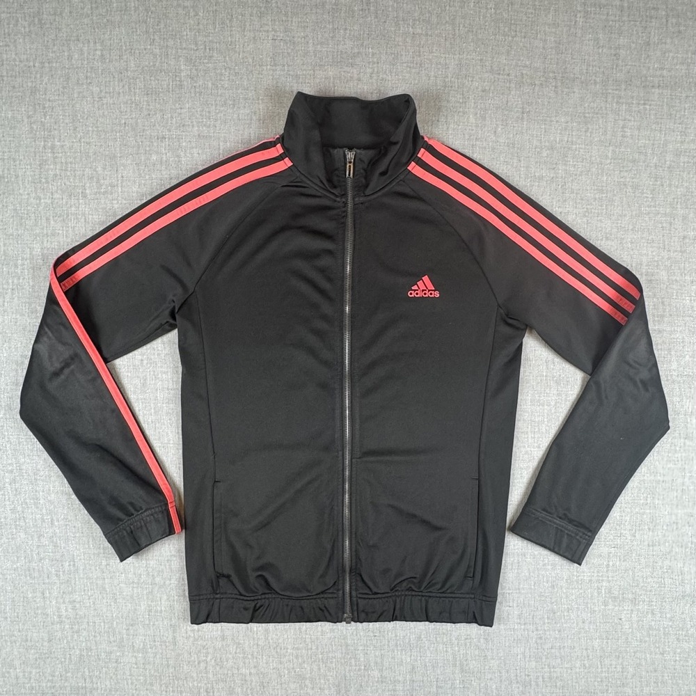 Adidas Track Jacket Mens Medium Black Pink 3-Stripes Full Zip Athletic Training